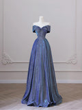 Shiny Off the Shoulder Floor Length Blue A-Line Prom Dress HZ1024