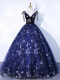 Navy Blue Tulle Long Prom Dress, Spaghetti Straps Lace Flower Backless Evening Dress HZ1024