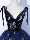 Navy Blue Tulle Long Prom Dress, Spaghetti Straps Lace Flower Backless Evening Dress HZ1024