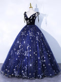 Navy Blue Tulle Long Prom Dress, Spaghetti Straps Lace Flower Backless Evening Dress HZ1024