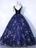 Navy Blue Tulle Long Prom Dress, Spaghetti Straps Lace Flower Backless Evening Dress HZ1024