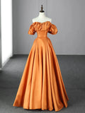 Orange Floor Length Satin Long Prom Dress, Off the Shoulder Evening Party Dress HZ1024