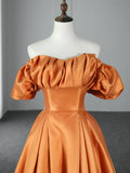Orange Floor Length Satin Long Prom Dress, Off the Shoulder Evening Party Dress HZ1024