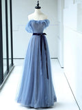 Strapless Tulle Blue Floor Length Prom Dress, A-Line Blue Evening Party Dress HZ1024