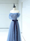Strapless Tulle Blue Floor Length Prom Dress, A-Line Blue Evening Party Dress HZ1024