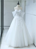 White Tulle Lace Long Prom Dress with Corset, Off the Shoulder Sweetheart Evening Dress HZ1024