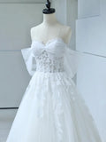 White Tulle Lace Long Prom Dress with Corset, Off the Shoulder Sweetheart Evening Dress HZ1024