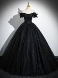 Sparkly Tulle Black Sweetheart Ball Gown, A-Line Off the Shoulder Evening Dress HZ1024