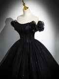 Sparkly Tulle Black Sweetheart Ball Gown, A-Line Off the Shoulder Evening Dress HZ1024