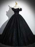 Sparkly Tulle Black Sweetheart Ball Gown, A-Line Off the Shoulder Evening Dress HZ1024