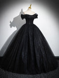Sparkly Tulle Black Sweetheart Ball Gown, A-Line Off the Shoulder Evening Dress HZ1024