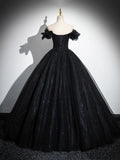 Sparkly Tulle Black Sweetheart Ball Gown, A-Line Off the Shoulder Evening Dress HZ1024
