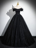 Sparkly Tulle Black Sweetheart Ball Gown, A-Line Off the Shoulder Evening Dress HZ1024