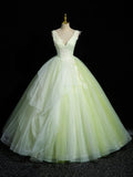 Green V-Neck Tulle Lace Long Prom Dress, A-Line Sleeveless Evening Dress HZ1024