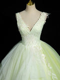 Green V-Neck Tulle Lace Long Prom Dress, A-Line Sleeveless Evening Dress HZ1024
