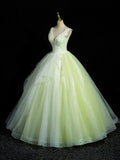 Green V-Neck Tulle Lace Long Prom Dress, A-Line Sleeveless Evening Dress HZ1024