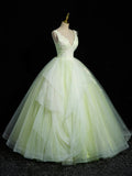 Green V-Neck Tulle Lace Long Prom Dress, A-Line Sleeveless Evening Dress HZ1024