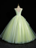 Green V-Neck Tulle Lace Long Prom Dress, A-Line Sleeveless Evening Dress HZ1024