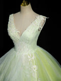 Green V-Neck Tulle Lace Long Prom Dress, A-Line Sleeveless Evening Dress HZ1024