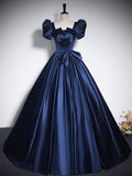 Elegant Blue Satin Floor-Length Prom Dresses, Square Neckline Puffy Short Sleeve Bow Formal Dresses HZ1024