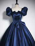 Elegant Blue Satin Floor-Length Prom Dresses, Square Neckline Puffy Short Sleeve Bow Formal Dresses HZ1024