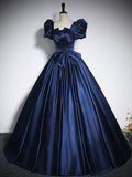 Elegant Blue Satin Floor-Length Prom Dresses, Square Neckline Puffy Short Sleeve Bow Formal Dresses HZ1024