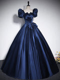 Elegant Blue Satin Floor-Length Prom Dresses, Square Neckline Puffy Short Sleeve Bow Formal Dresses HZ1024