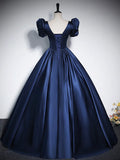Elegant Blue Satin Floor-Length Prom Dresses, Square Neckline Puffy Short Sleeve Bow Formal Dresses HZ1024