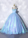 Beautiful Shiny Blue Tulle Long Formal Dress, A-Line Spaghetti Strap Sweetheart Princess Dress HZ1024