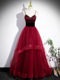 Burgundy Spaghetti Strap Tulle Long Corset Prom Dress, A-Line Evening Party Dress HZ1024