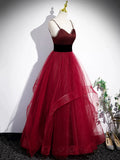 Burgundy Spaghetti Strap Tulle Long Corset Prom Dress, A-Line Evening Party Dress HZ1024