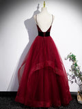 Burgundy Spaghetti Strap Tulle Long Corset Prom Dress, A-Line Evening Party Dress HZ1024