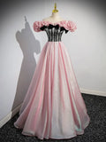 A-Line Shiny Tulle Long Pink Corset Prom Dress, Off the Shoulder Pink Evening Dress HZ1024