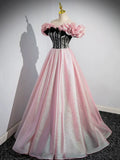 A-Line Shiny Tulle Long Pink Corset Prom Dress, Off the Shoulder Pink Evening Dress HZ1024