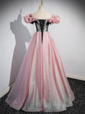 A-Line Shiny Tulle Long Pink Corset Prom Dress, Off the Shoulder Pink Evening Dress HZ1024