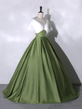 White+Green Satin Floor Length Prom Dress, V-Neck Off the Shoulder Evening Dress HZ1024