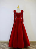 A-Line Long Sleeve Velvet Floor Length Prom Dress, Burgundy Formal Evening Dress HZ1024
