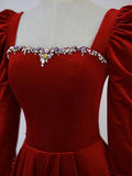 A-Line Long Sleeve Velvet Floor Length Prom Dress, Burgundy Formal Evening Dress HZ1024