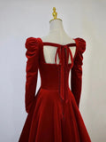 A-Line Long Sleeve Velvet Floor Length Prom Dress, Burgundy Formal Evening Dress HZ1024