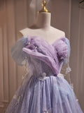 Purple Tulle Knee Length Birthday Party Formal Dress, Off the Shoulder Purple Prom Dress HZ1024