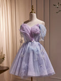 Purple Tulle Knee Length Birthday Party Formal Dress, Off the Shoulder Purple Prom Dress HZ1024