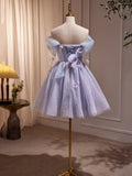 Purple Tulle Knee Length Birthday Party Formal Dress, Off the Shoulder Purple Prom Dress HZ1024