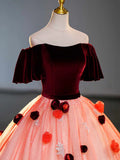 Burgundy Velvet Tulle Long Formal Dress, Off the Shoulder Sweet Flower Party Dress HZ1024