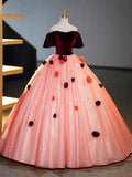 Burgundy Velvet Tulle Long Formal Dress, Off the Shoulder Sweet Flower Party Dress HZ1024