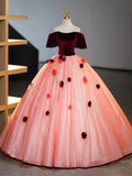 Burgundy Velvet Tulle Long Formal Dress, Off the Shoulder Sweet Flower Party Dress HZ1024