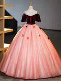 Burgundy Velvet Tulle Long Formal Dress, Off the Shoulder Sweet Flower Party Dress HZ1024