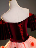 Burgundy Velvet Tulle Long Formal Dress, Off the Shoulder Sweet Flower Party Dress HZ1024