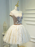 Champagne Tea Length Lace Party Dress, Off the Shoulder Evening Dress HZ1024