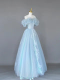 Light Blue Tulle Lace Long Prom Dress, Beautiful Off Shoulder Evening Party Dress HZ1024