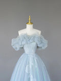 Light Blue Tulle Lace Long Prom Dress, Beautiful Off Shoulder Evening Party Dress HZ1024